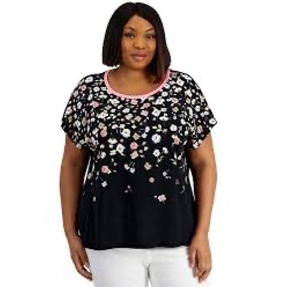 Tommy Hilfiger Womens XL Ditsy Doodle Floral Top Black Pink Short Sleeve